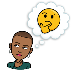 Bitmoji image of Ashley with a thinking emoji in a thought bubble. 